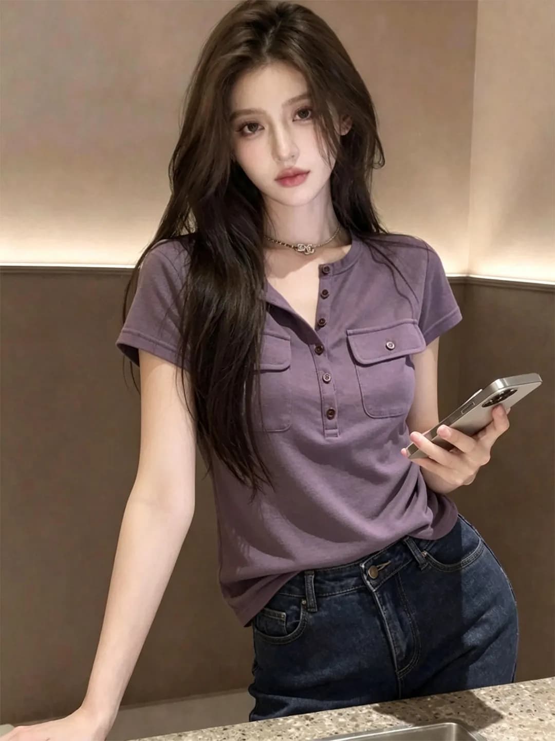 Slimming Purple Short Sleeve T-Shirt Fashionable Korean Style Women's Top Summer Wear Comfortable Polyester Fiber Casual Shirt