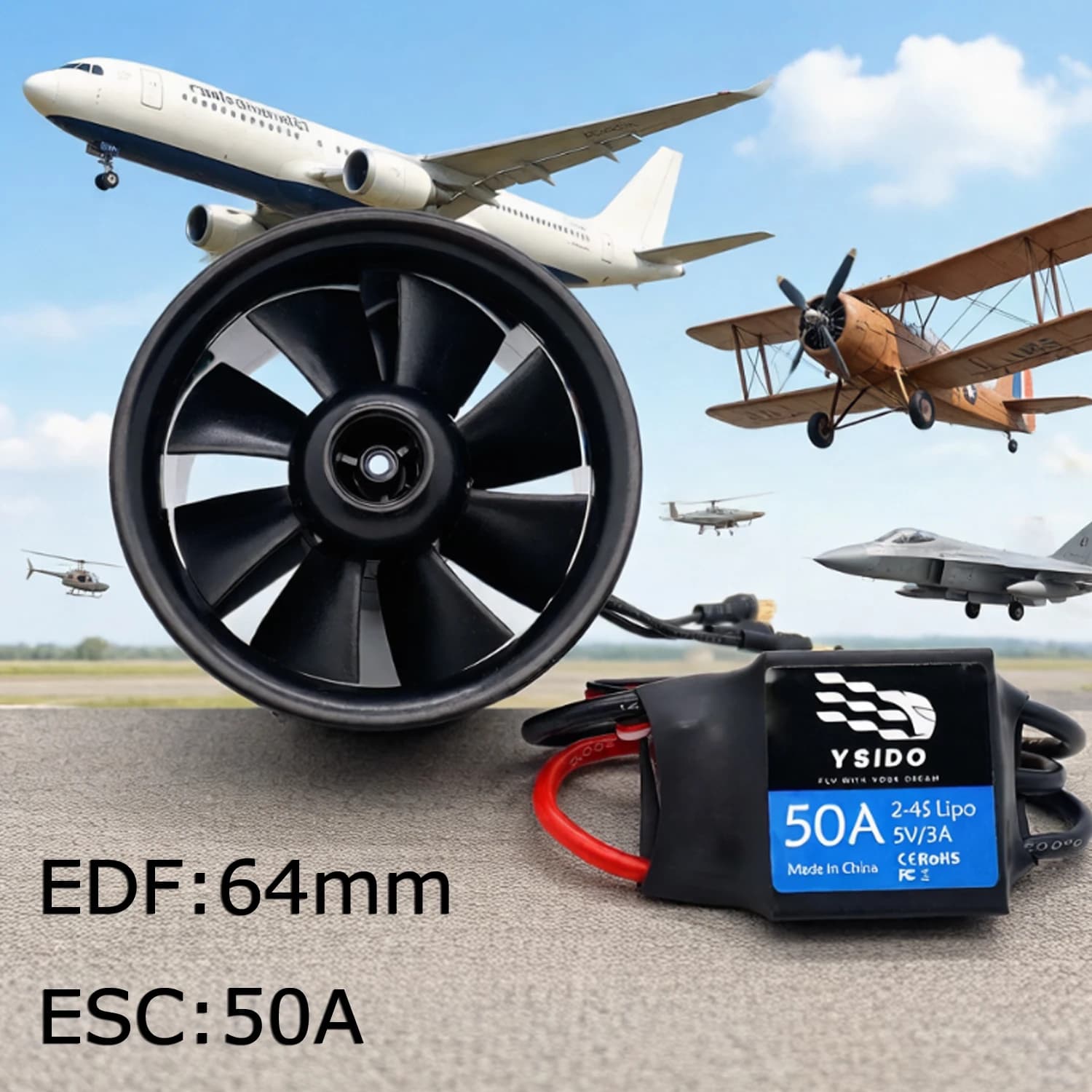 YSIDO 64mm 8 pale EDF CCW con motore 3S 4S, ventola intubata 50 ESC per aereo RC e elicottero, sistema di propulsione ad alta potenza, parti fai da te
