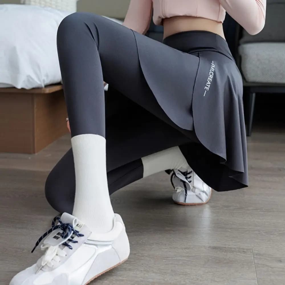 Faux Two Piece Women Yoga Pants Side Pocket Skirt Overlay Skirt Leggings Quick Dry Elastic Waist Sport Leggings Gym Workout