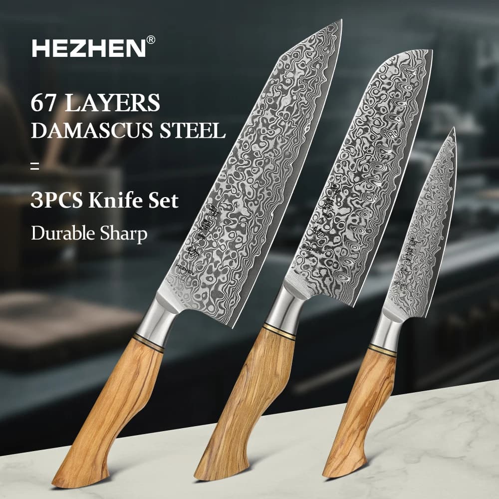 HEZHEN 1PC-3PCS Knife Sets 67 Layer Damascus Steel Chef‘s Knife Utility Santoku Olive Wood Handle Gife Box