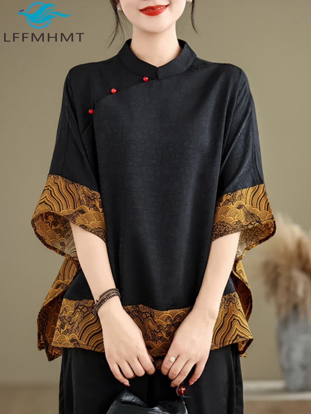 T-shirt stile cinese in seta di gelso per donna Camicetta femminile con ricamo nuvola a mezza manica patchwork vintage moda primavera estate