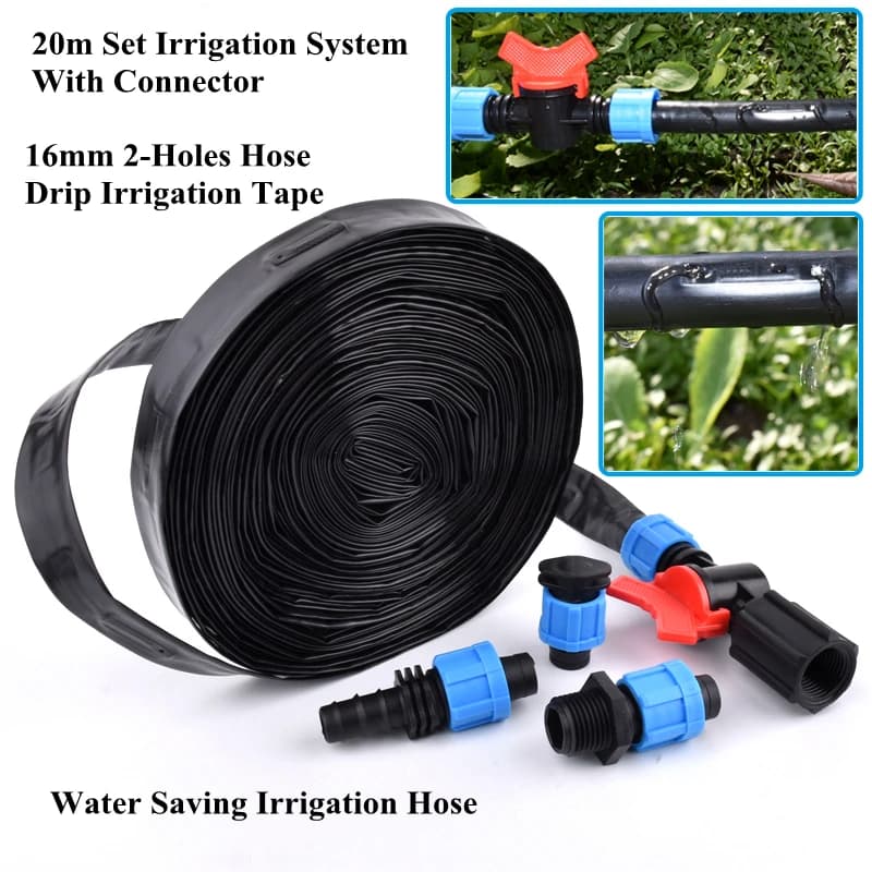 20 m/set 16mm Tubo 2 Fori Pioggia Nastro di Irrigazione a Goccia Agricoltura Sistema di Irrigazione Serra Giardino Risparmio Idrico Giunto di Irrigazione