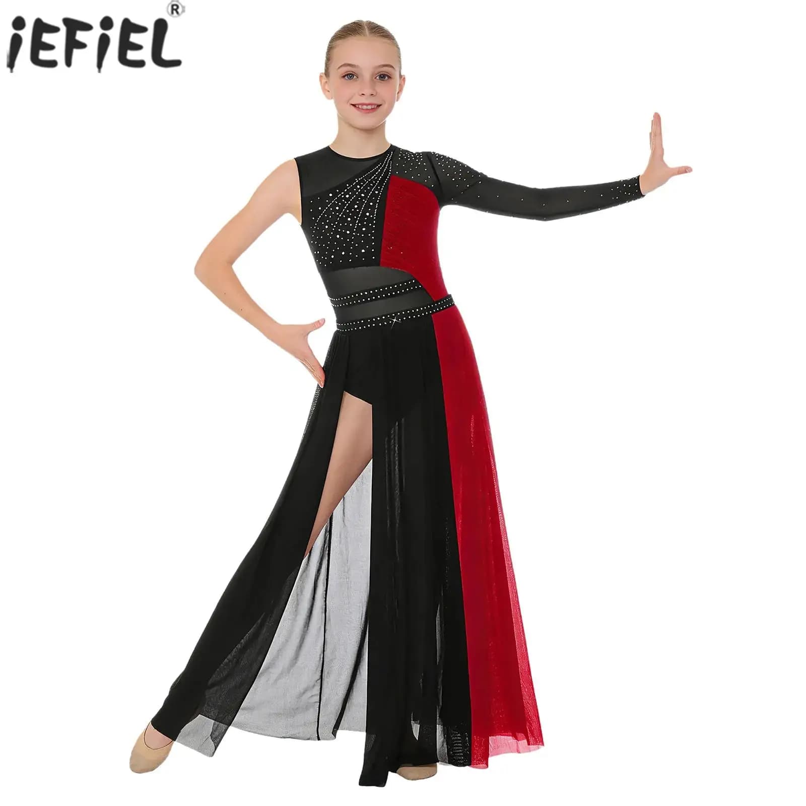 Kids Girls Lyrical Dance Dress Contemporary Dancewear Shiny Rhinestones Side Split Mesh Dress Ballet Figure Skating Leotard