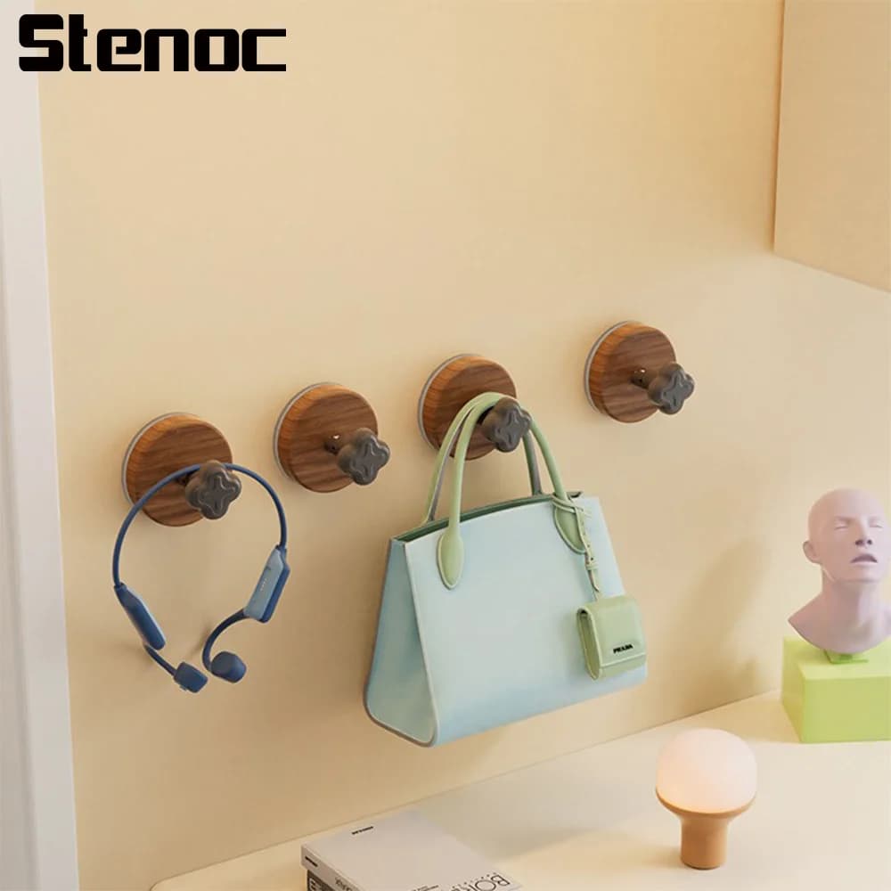 Flower Pattern Design Walnut Wooden Wall Hook Suction Cup Hooks Punch Free Towel Hooks Hanger Kitchen Bathroom Hooks Reusable