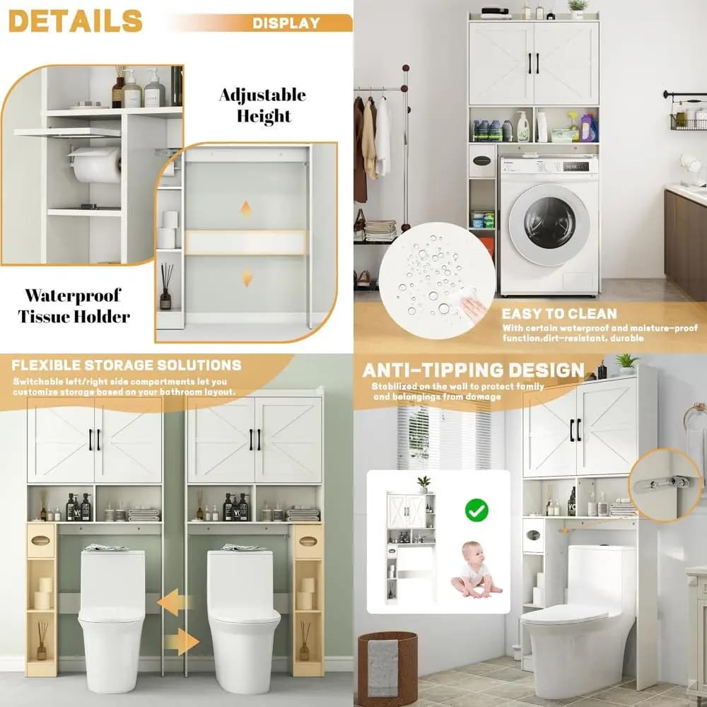 Mobiletto Salvaspazio da Bagno Sopra il WC con Portarotolo, Organizzatore Salvaspazio per Bagno, Bianco
