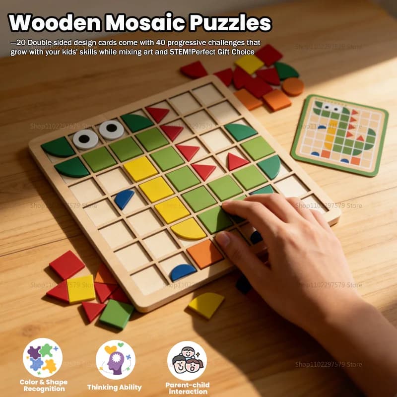Giocattoli puzzle geometrici Montessori Tangram con 120 pezzi di legno e 20 carte. Gioco educativo per bambini.