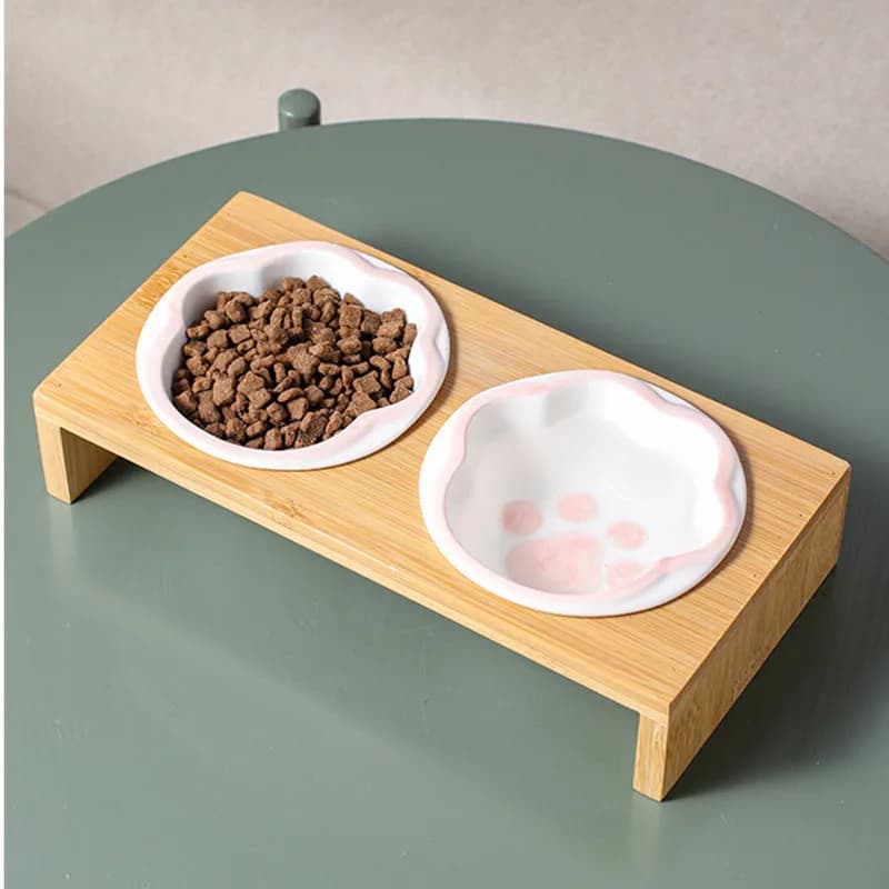 Cartoon Paw Design Pet Bowls Raised Dog Cat Feeder Solid Wooden Stand Ceramic Food Feeding Bowl Cats Puppy Accessories