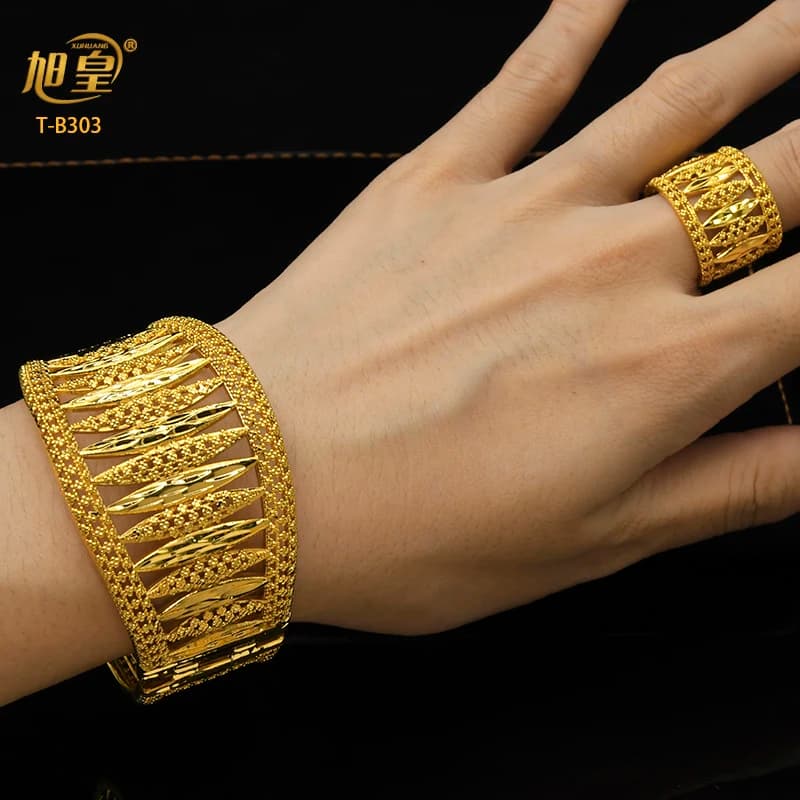 XUHUANG Dubai braccialetto vuoto in oro placcato squisito con anello per le donne braccialetti in rame con ciondoli di lusso arabi all'ingrosso