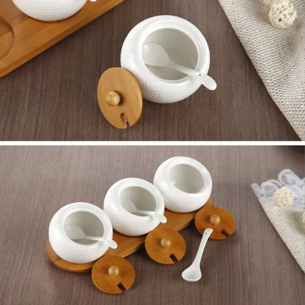 Ceramic Spice Jar Set Bamboo Lid Porcelain Condiment Storage Containers Kitchen Seasoning Box with Spoons and Wooden