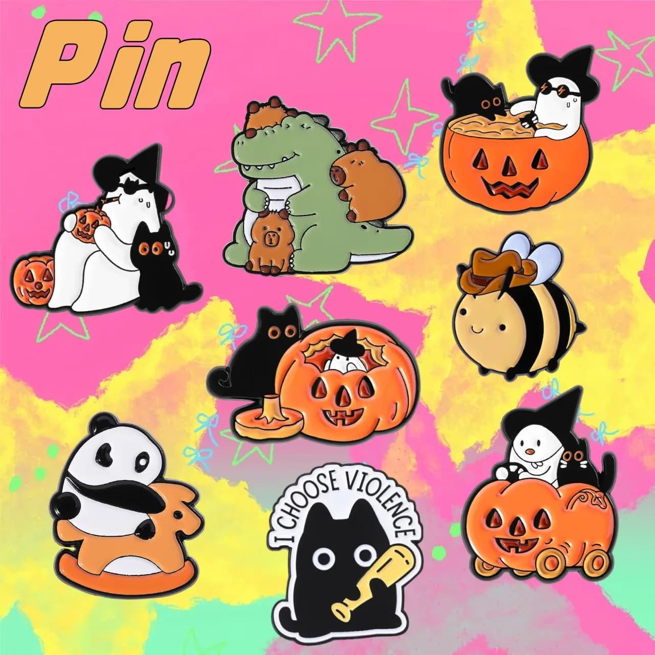 Zucca di Halloween Fantasma Boo Spille smaltate Cartone animato Gatto nero Spille spettrali Distintivo da bavero Accessorio per zaino Regalo di gioielli all'ingrosso