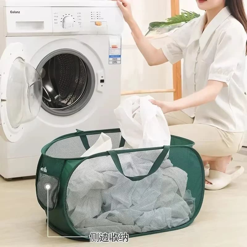 Durable folding linen basket, mesh pop-up linen basket with side pocket, folding storage basket for clothes with reinforcement
