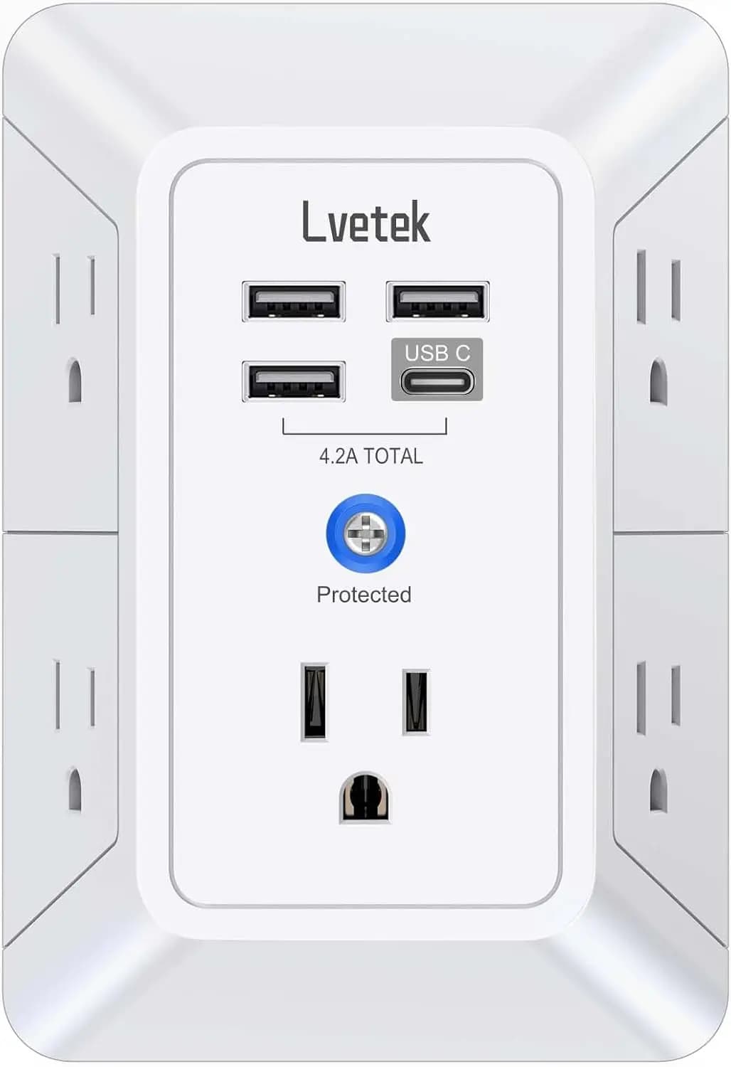 Multipresa da Parete a 5 Prese con 4 Porte USB (1 USB-C), Protezione da Sovratensione 1680J, Bianco