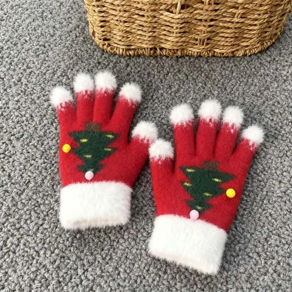 Red Green Christmas Gloves Cuff Knitted Woolen Winter Knit Mittens High Quality Thick Lining Touchscreen Full Finger Teens