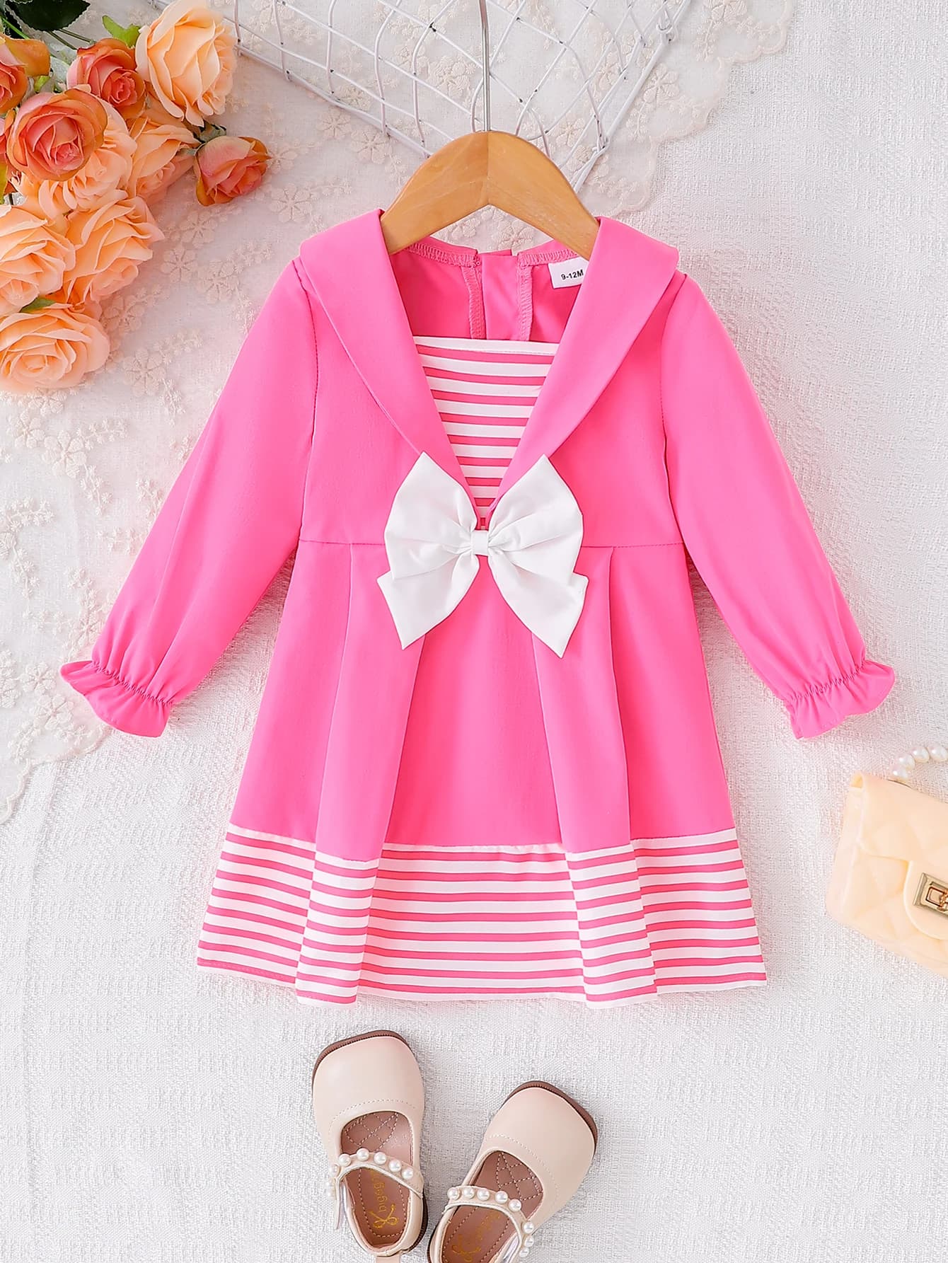 Girls Pink Navy Princess Dress Spring Autumn Sweet Style Faux Two-Piece Design with Large Bow Decoration Children's Clothing