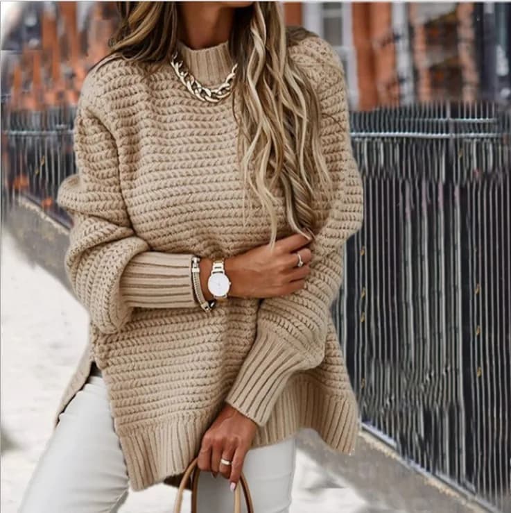 Limited-quantity 50% off！2026 Autumn And Winter New, Semi-turtleneck Loose Solid Color Long-sleeved Thick Needle Side Split