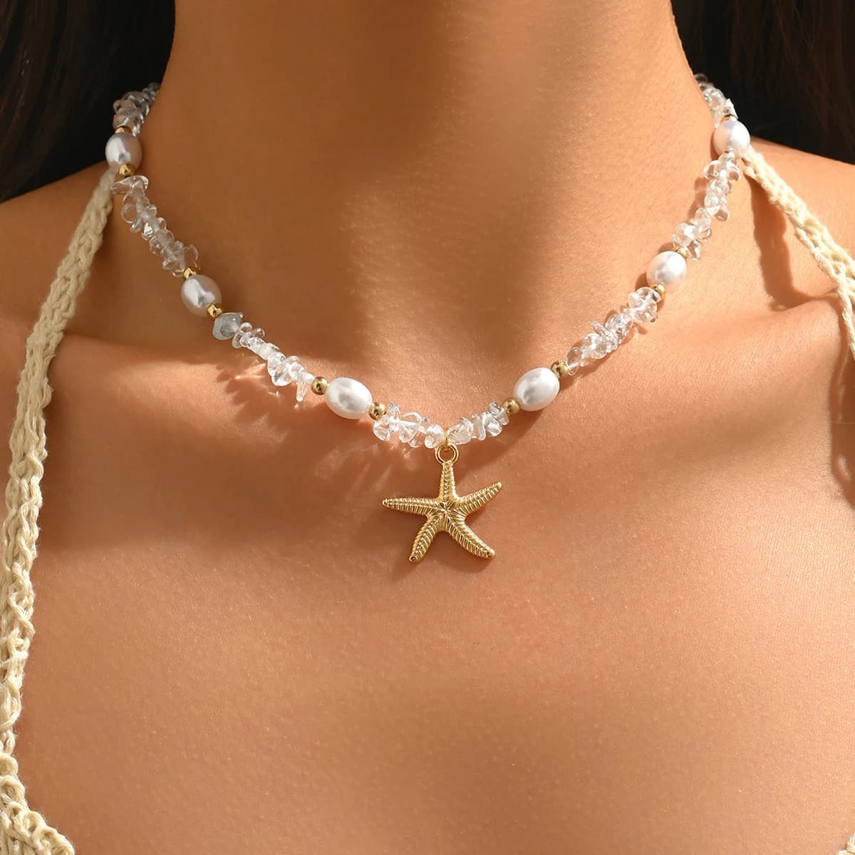 Dainty Layered Gold Starfish Choker Necklace for Women Faux Pearl Crystal Beads Adjustable Boho Summer Beach Jewelry Gift