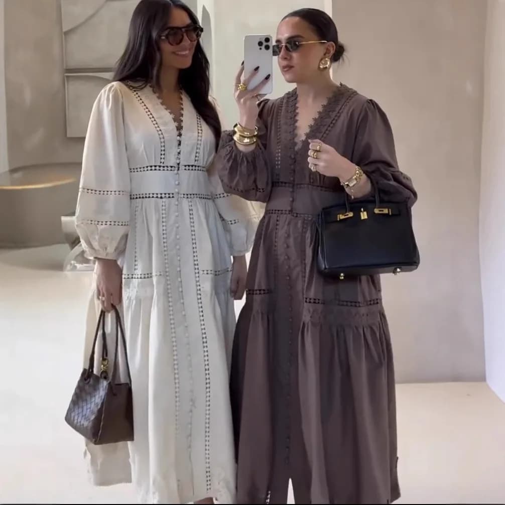 Elegante scollo a V in pizzo scava fuori maxi abito da donna manica a sbuffo cintura ricamata a-line elegante primavera nuova signora abiti estate 2025