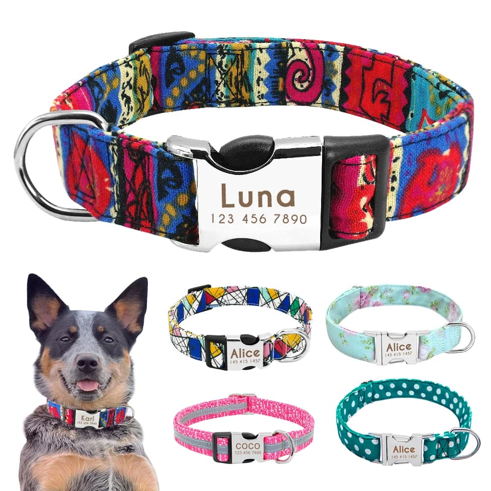 Collare per cani in nylon Collare per animali personalizzato Etichetta identificativa incisa Targhetta riflettente per cani di taglia piccola, media e grande Pitbull Pug