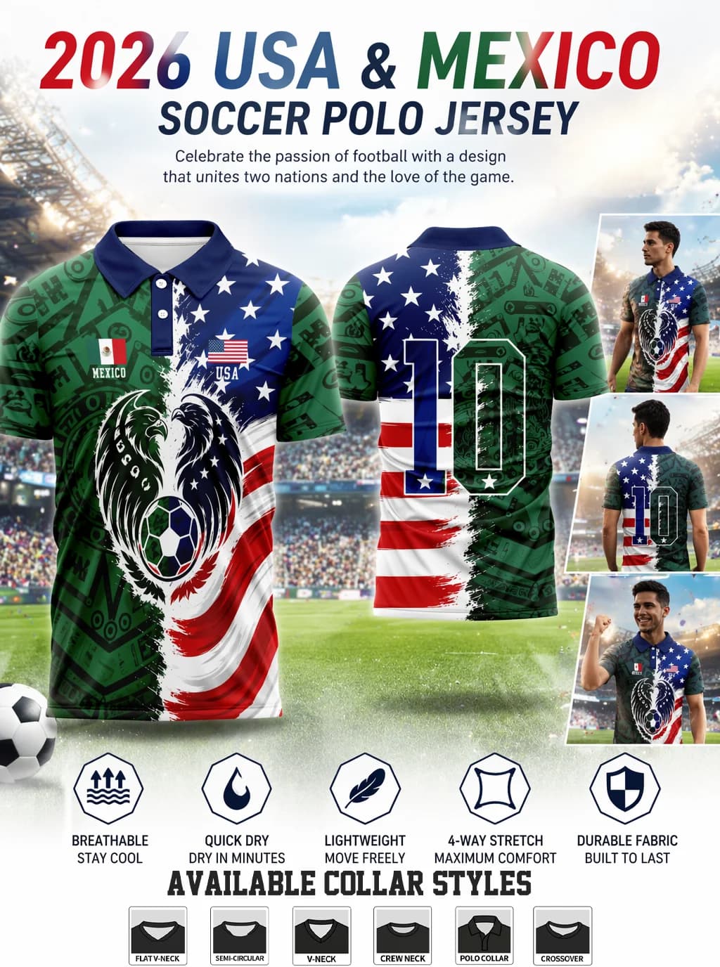 USA & Mexico united soccer polo jersey with twin eagle print. Quick dry stretch fabric for cross-country football fans