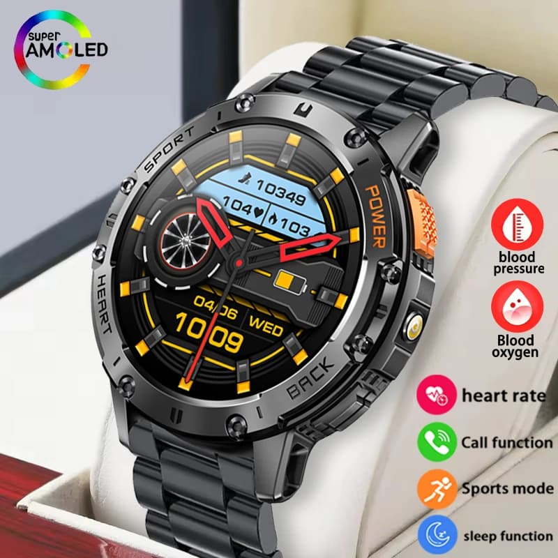 Nuovo smartwatch da uomo con torcia incorporata AMOLED da 1,43 pollici Orologio per il monitoraggio della salute della frequenza cardiaca a schermo intero ad alta definizione