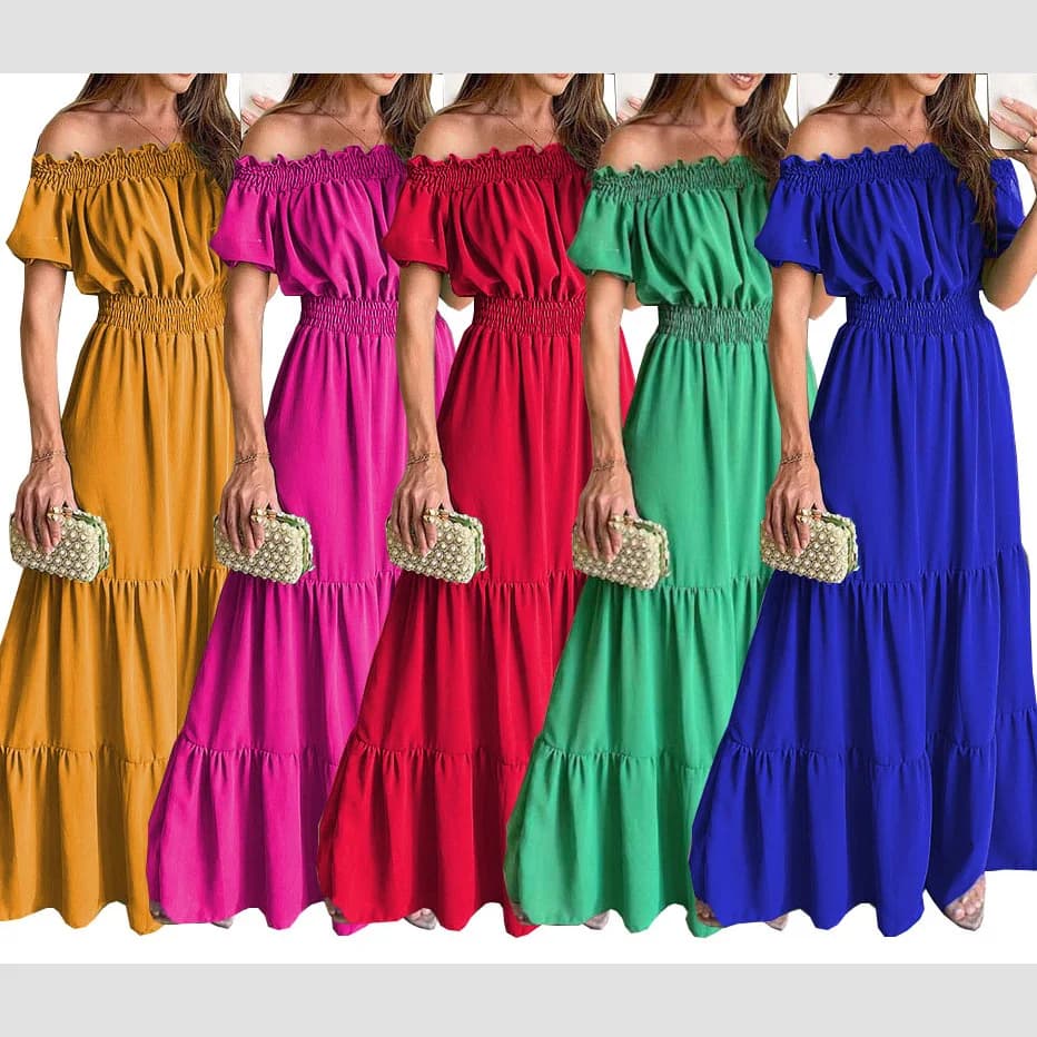 2025 Abito estivo Boho solido Moda donna Elegante abito da festa in spiaggia Casual Slash Neck Office Maxi abiti per donna Robe Femme