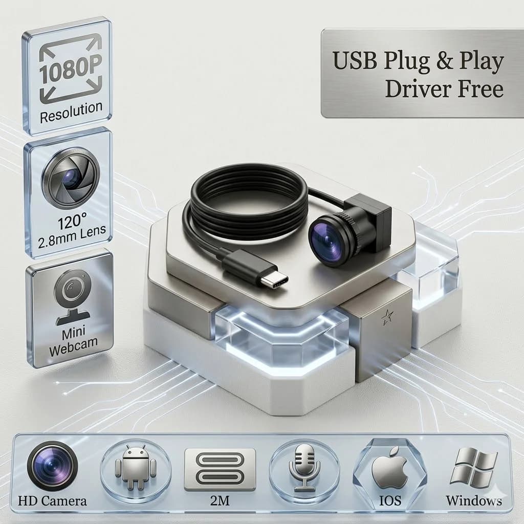 USB Webcam 1080P, 3.7mm 90° & 2.8mm 120° Lens Options, Plug & Play Camera for Security/Monitoring/Conference, Mic PC Android IOS