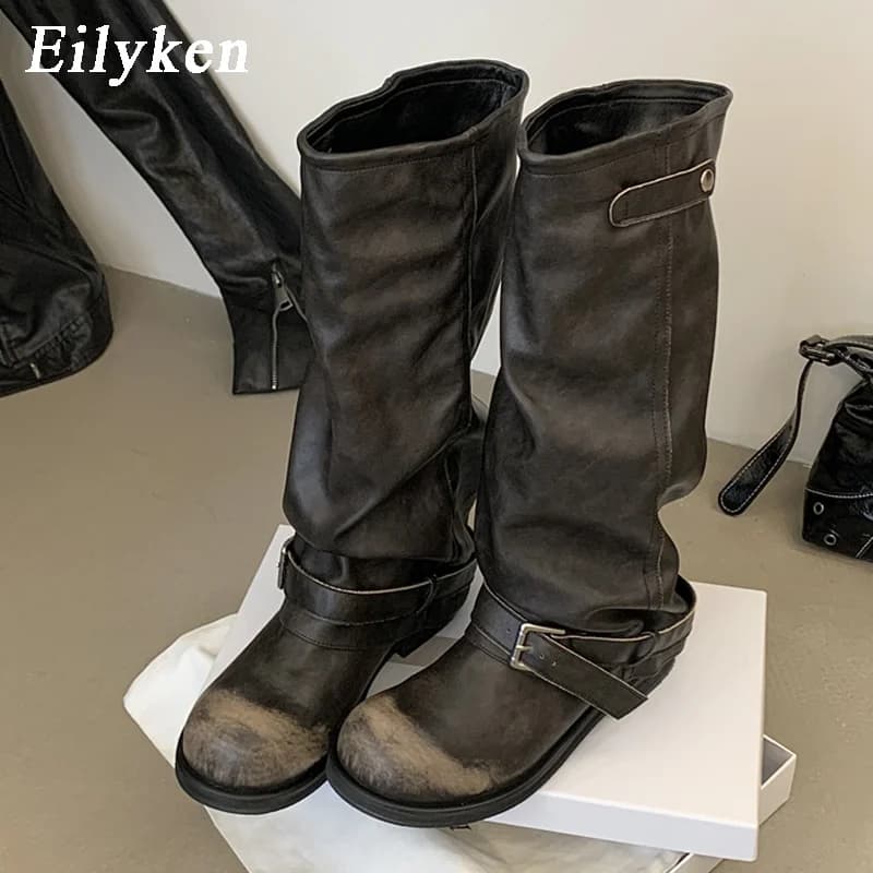 Eilyken Winter Vintage Punk Pleated Round Toe Knee High Boots Women Designer Buckle Strap Square Heels Shoes Botas Zapatos Mujer