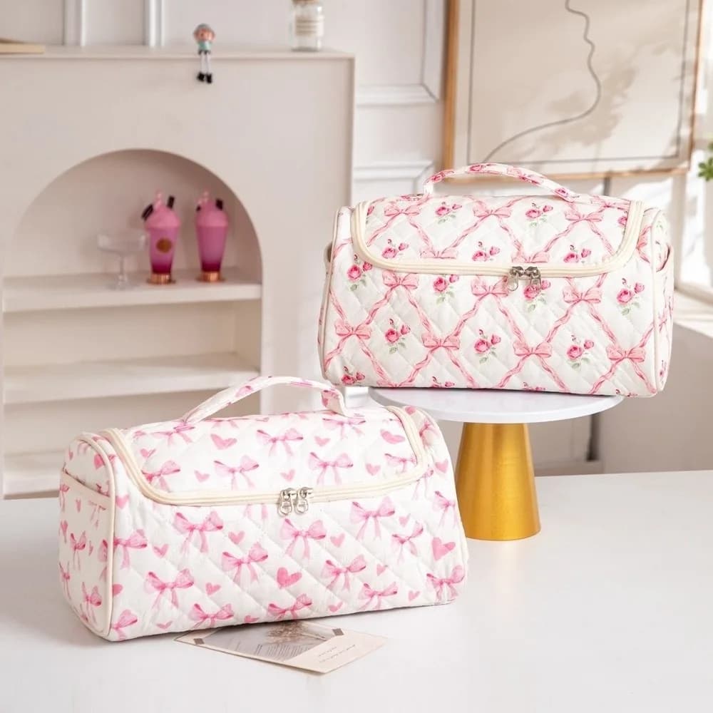 New Toiletry Bag Quilted Makeup Bag Bowknot Portable Cosmetic Bag High-quality Large Capacity Hair Dryer Travel Bag for Women