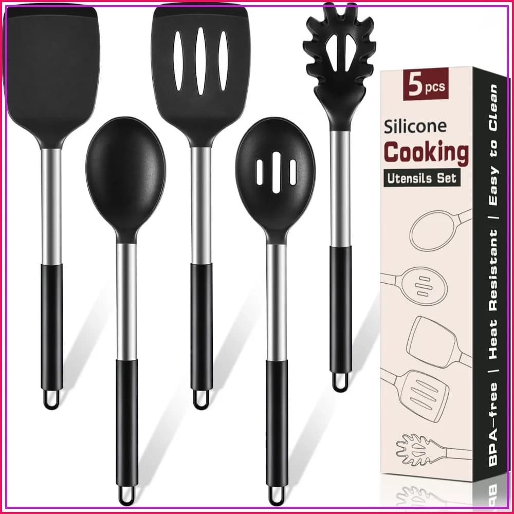 5Pcs Silicone Cooking Utensils Set, Heat Resistant Kitchen Tools for Nonstick Cookware, Black