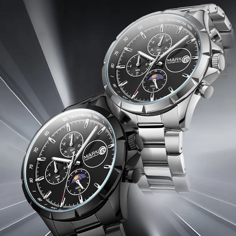 Men's wristwatch MARK FAIRWHALE, Dial with Moon Phases, Metal Case, Bracelet, Fashion Luxury Watch