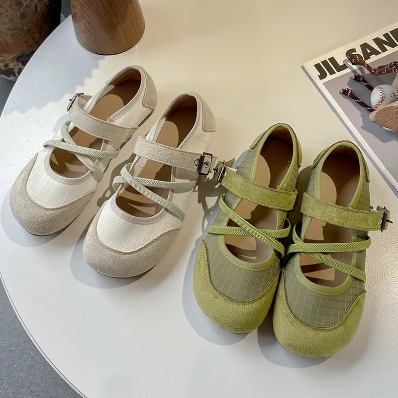 Trendy Patchwork Crisscross Strap Mary Jane Shoes Women Round Toe Dual Buckle Straps 1.5CM Low Heel Retro Casual Flat Pumps
