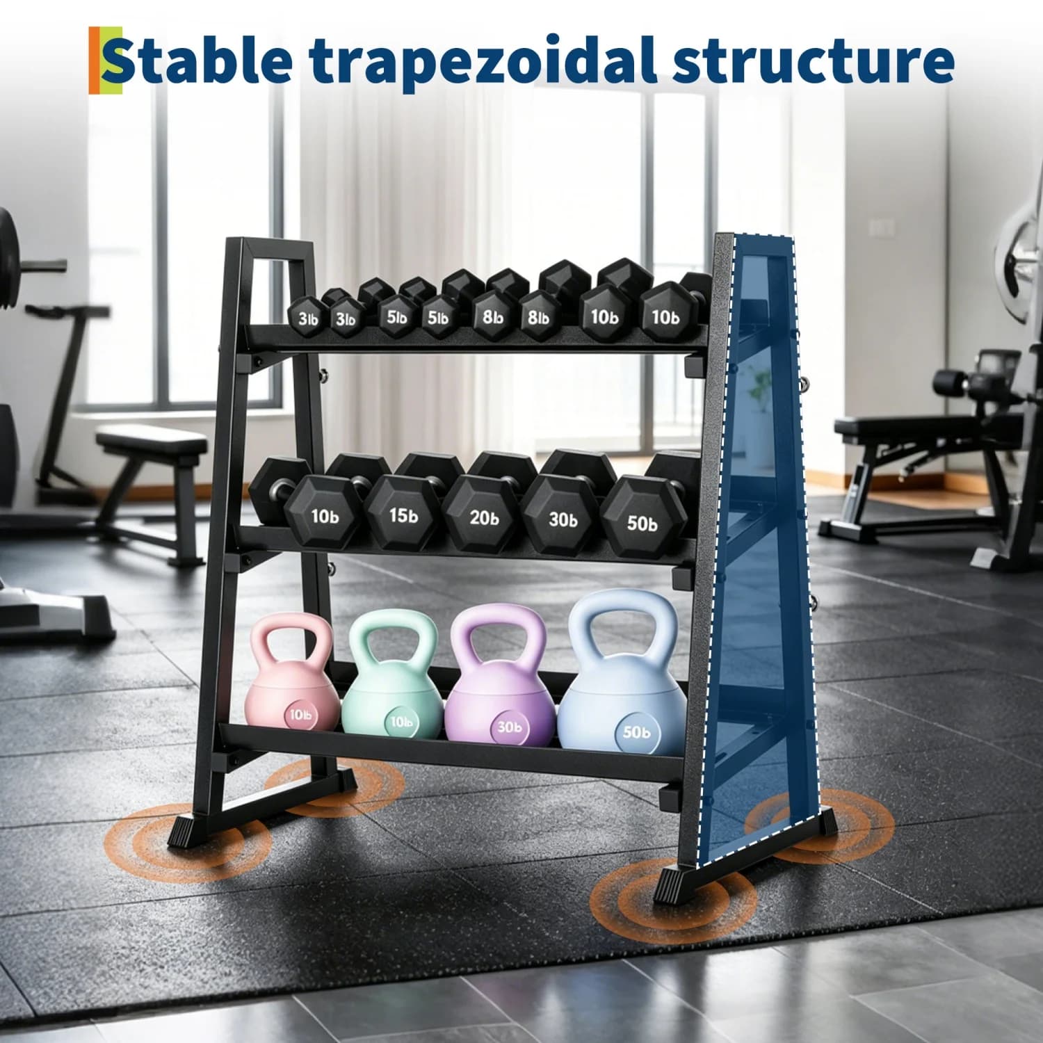 Adjustable 3-Tier Dumbbell Rack, 1300LB Capacity Weight Stand for Home Gym - Heavy-Duty Organizer for Dumbbells, Kettlebells, Barbells & Plates, Trapezoidal-Frame or h-Frame Weight Stand