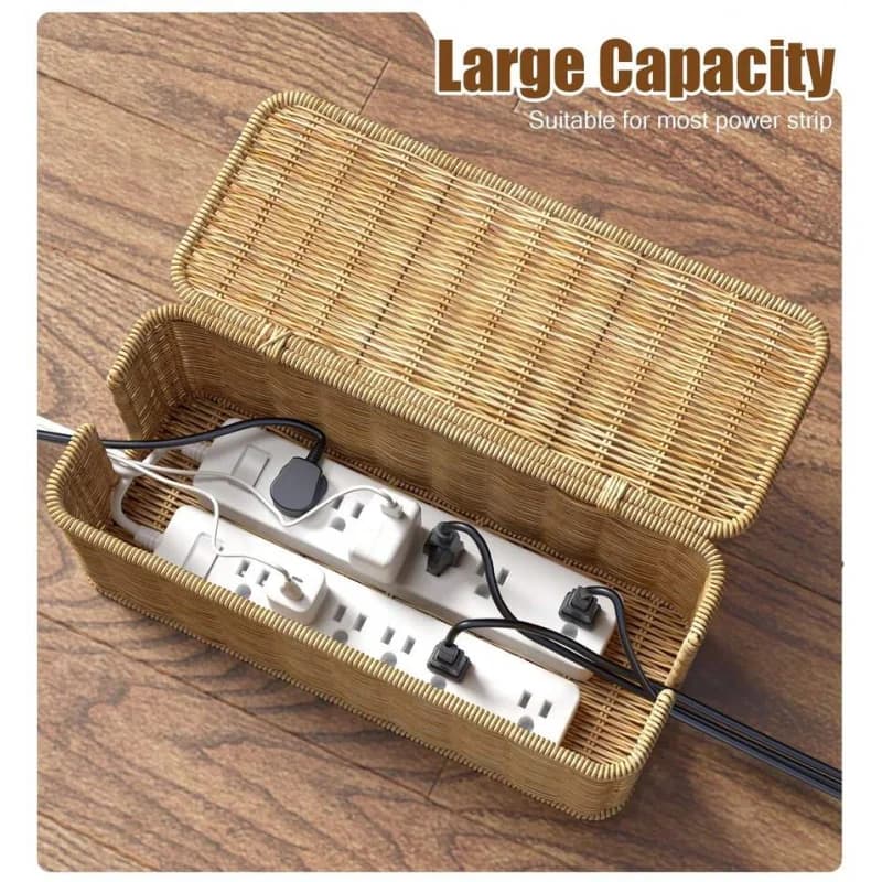 Scatola porta cavi in rattan intrecciato a mano, organizer per cavi a 2 scomparti con coperchio per scrivania e casa