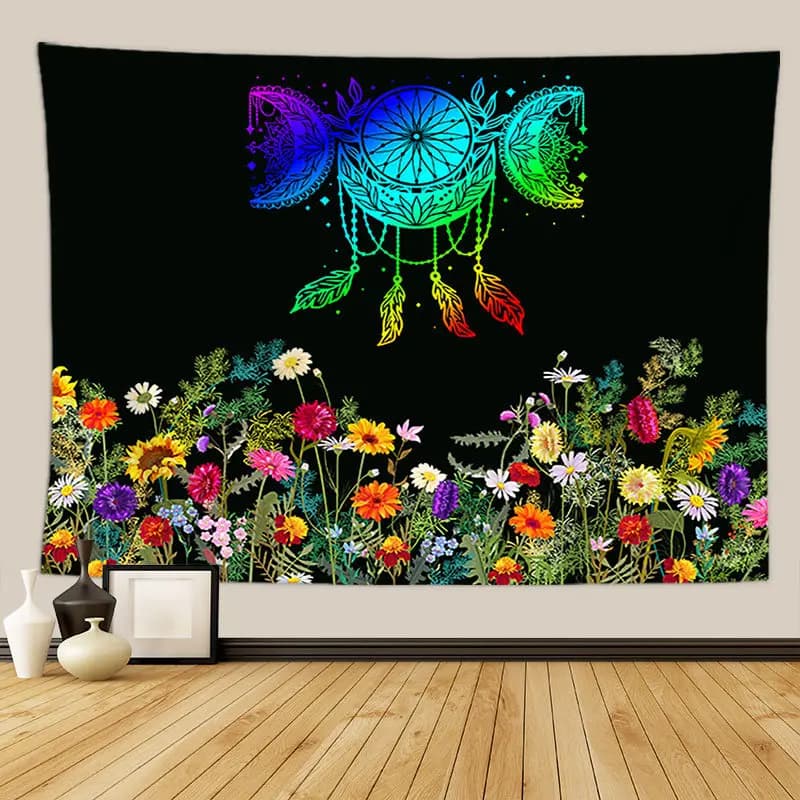 VIKAMA Bohemian Rainbow Gradient Dreamcatcher, Moon Phase Flower Tapestry, Living Room Background Fabric, Home Decoration