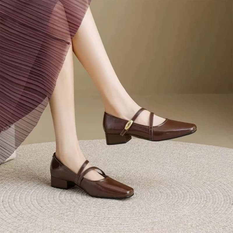 Scarpe Mary Jane Marroni con Punta Quadrata, Ballerine da Ufficio con Tacco Basso