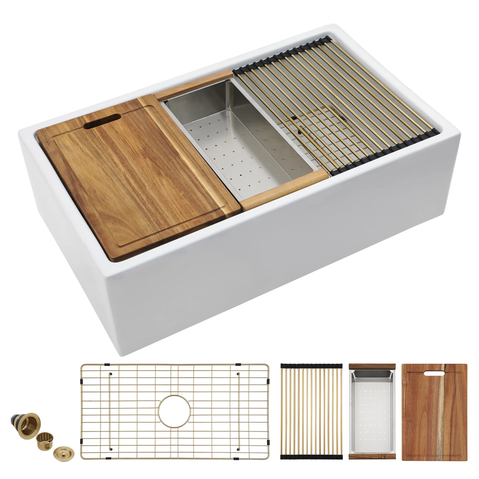 33 inch Fireclay ceramic apron, single front tub, black white kitchen sink for farm with cutter accessories