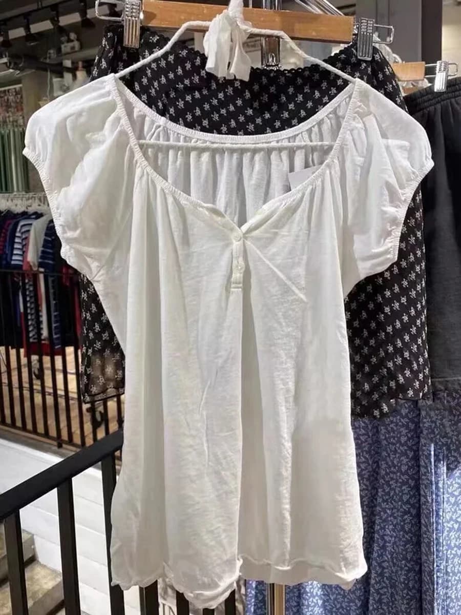 White Ruffle Lace-up Cotton Short Sleeve Tees Women Summer Casual Streetwear Button Tops Female Vintage Sweet Cute Y2K T-shirts