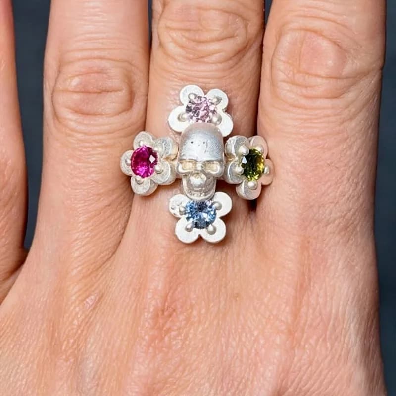 Creative sweet and cool style personalized skull flower index finger ring opening adjustable simple and versatile sweet ring