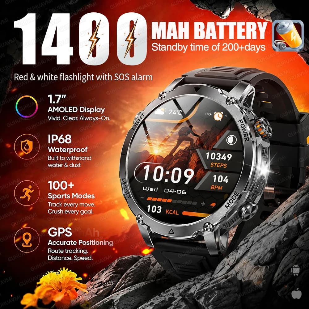 Nuovo Smartwatch da Uomo con Batteria Grande da 1400mAh, GPS per Esterni, Torcia, Impermeabile IP68, Chiamate Bluetooth, Display AMOLED, Orologio Sportivo Militare