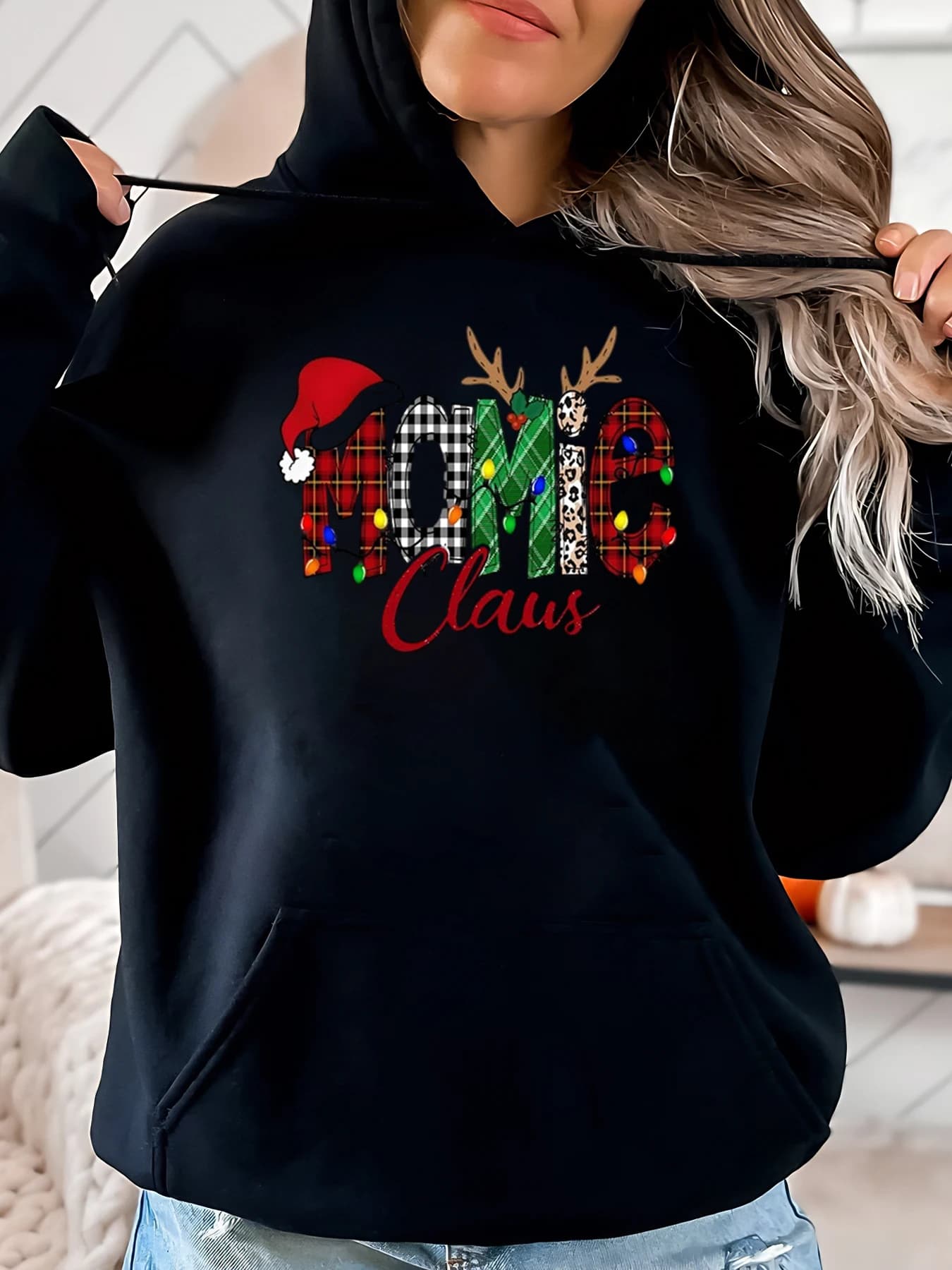 Hoodie with Christmas Printing Mom Claus Women's Party Clothing Black Plus Size