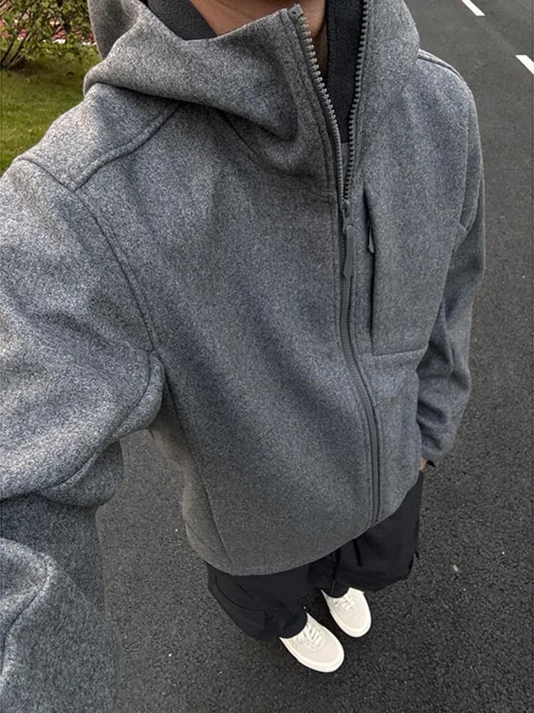 Giacca in Lana Ispessita per Sport all'Aperto, Stile Desert Americano, con Cappuccio, Slim Fit, Antivento, Foderata in Pile, per Uomo, Autunno-Inverno