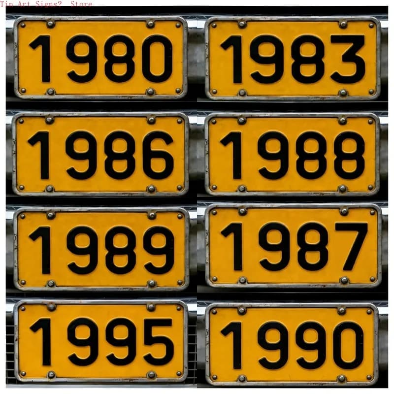 Targa Vintage in Metallo con Numeri Anno 1980-1995, Stampa HD, Insegna in Alluminio Pieghevole, Resistente alle Intemperie, Giallo Retrò