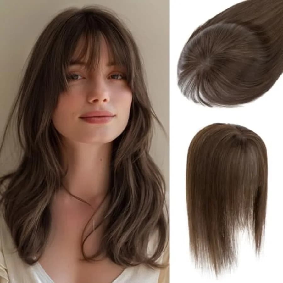 Human Hair Topper with Bangs 360°3D Cover Toppers Hairpieces for Women Bangs Hair Clip Mocha Brown 12inch