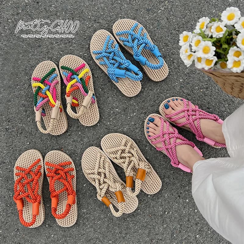 Rainbow Color Rope Sandals Woman Retro Weaved Fishman Sandalias Ladies Sea Blue Beach Slippers Handmade Bohemian Straw Shoes