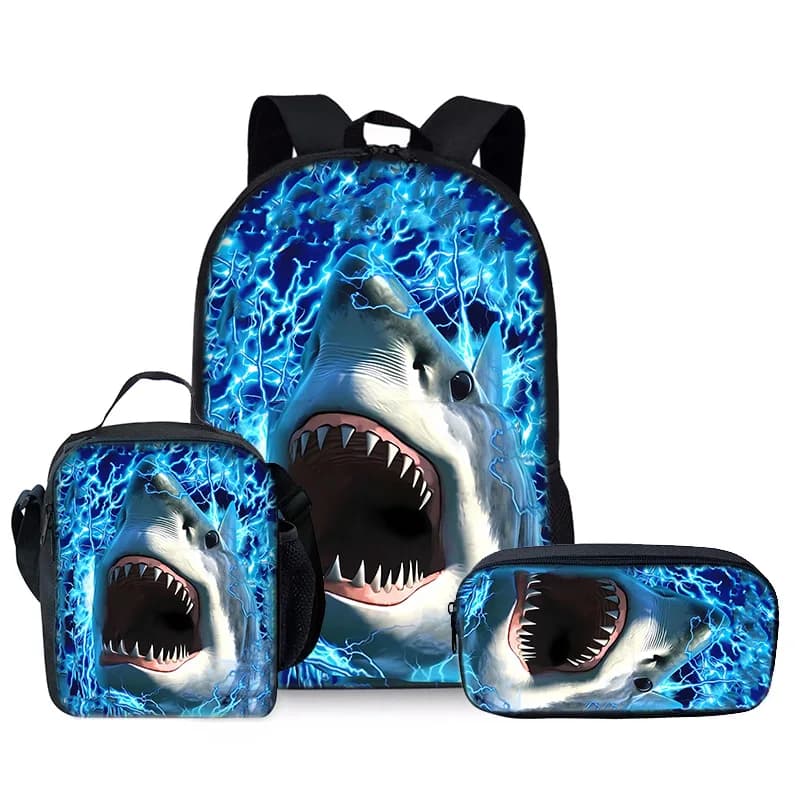Trendy Popular Novelty shark 3D Print 3pcs/Set Student School Bags Laptop Daypack Backpack Crossbody Lunch bag Pencil Case