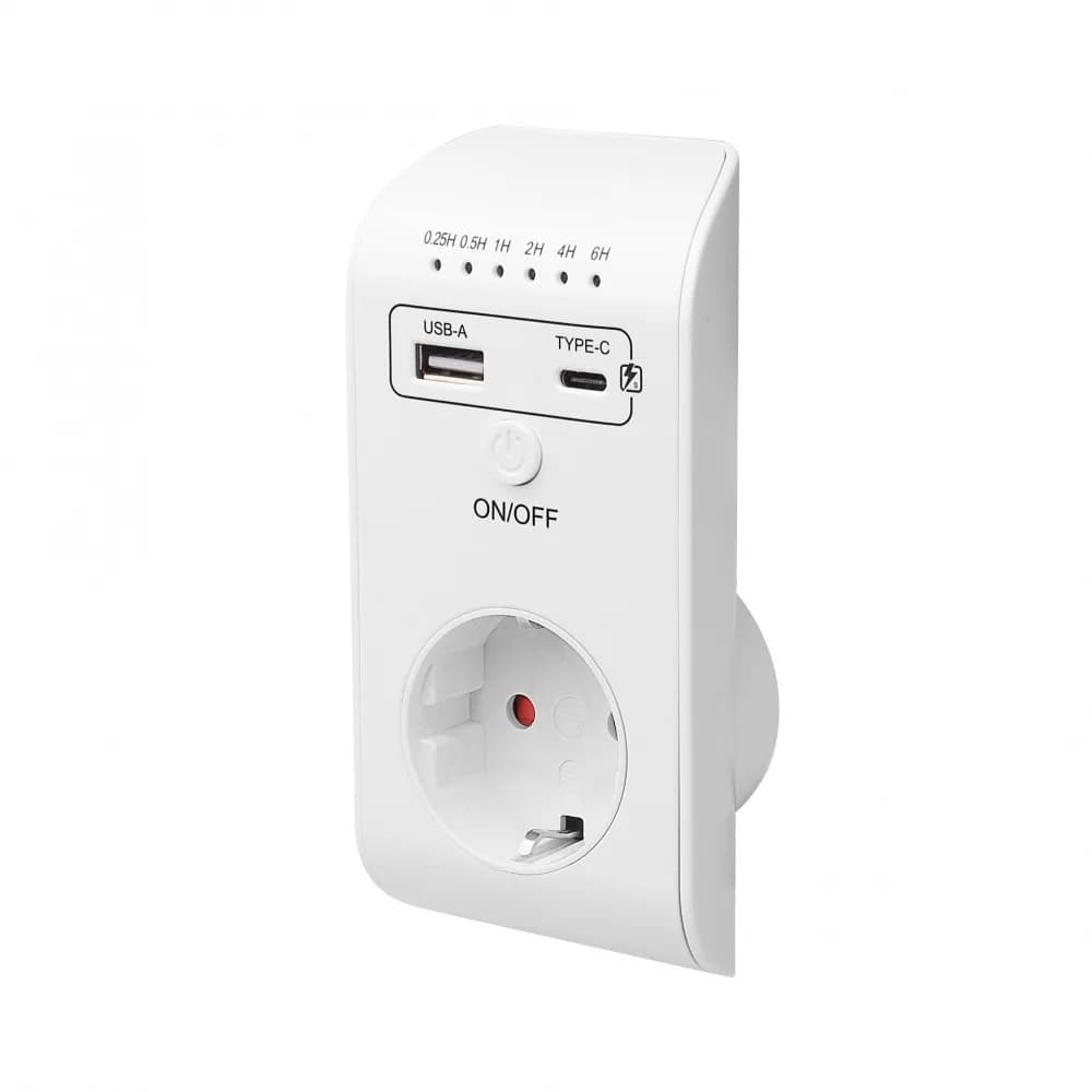 EU Plug Countdown Timer Socket With USB Type-C 2.4A Fast Charging Smart Time Controller Outlet 0.25/0.5/1/2/4/6H Timer Socket