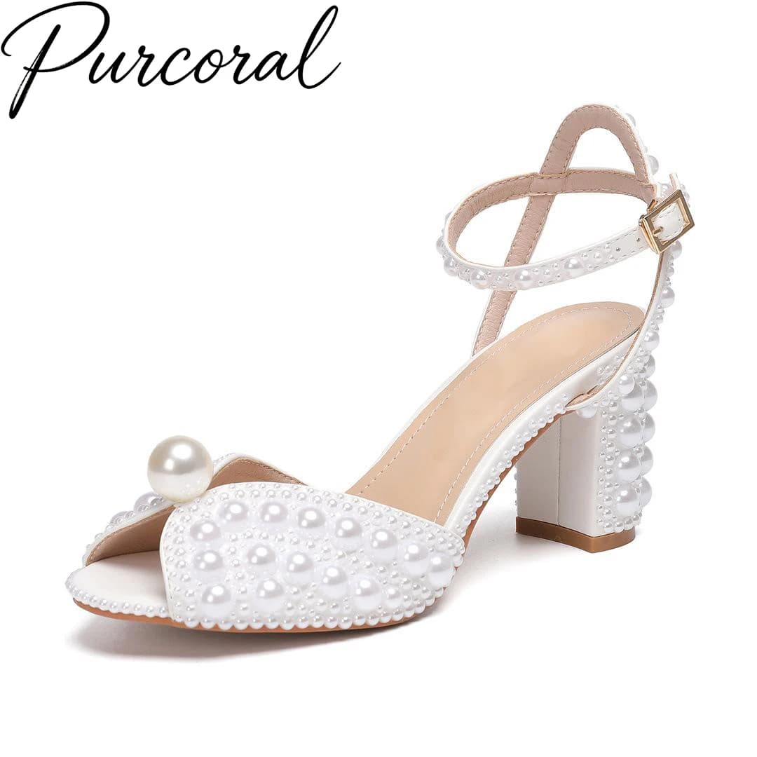 Purcoral 2026 New Fish Mouth High Heels Thick Heels Shallow Mouth Water Diamond Pearl Women's Single Shoes Wedding Bridal Shoes