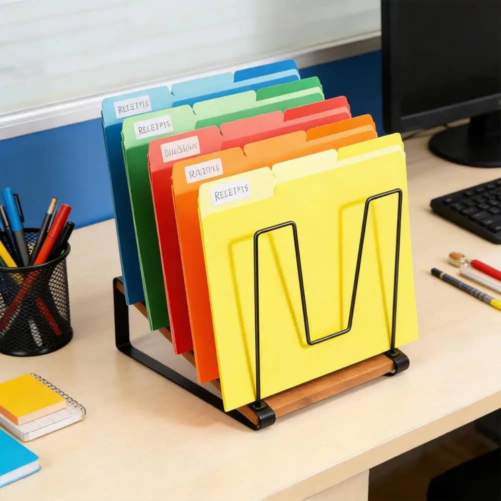 Organizzatore per Documenti da Scrivania con 5 Scomparti, Portadocumenti Verticale in Metallo con Base in Legno per Ufficio, Aula e Spazio di Lavoro