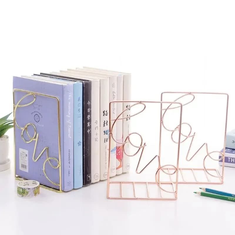 2 pezzi/paia fermalibri in metallo a forma di amore creativo portaoggetti da scrivania scaffale per libri