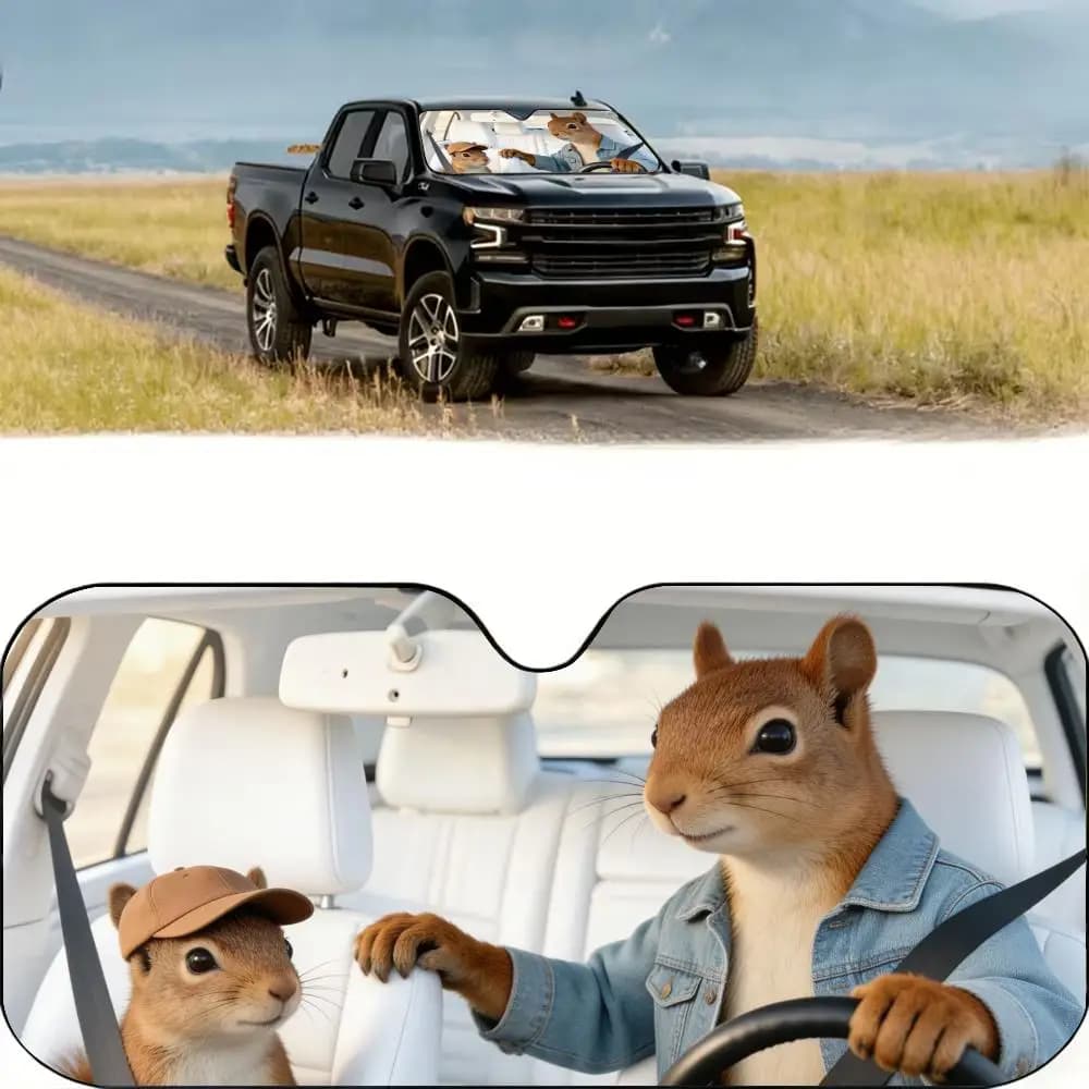 Parasole pieghevole Squirrel Road Trip Crew in lamina di alluminio riutilizzabile per parabrezza, protezione UV e isolamento termico